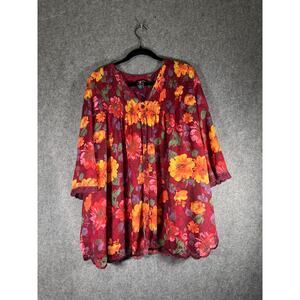 Denim 24/7 Blouse Women 16W Red Button Front Short Sleeve Embroidered Floral